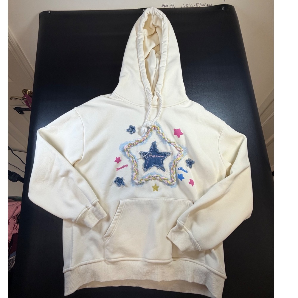 Aelfric Eden Cream Star Patchwork Hoodie Denim Mixed Media Pullover Small J3